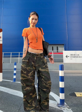 F383 美式复古迷彩伞兵工装裤男女宽松阔腿嘻哈街舞休闲裤潮情侣