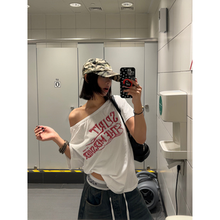 T恤夏季 复古字母印花斜肩短袖 辣妹宽松休闲百搭慵懒上衣 美式 F383