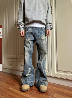 F383 2026美式复古双腰头牛仔裤割破设计小众做旧宽松直筒男女ins