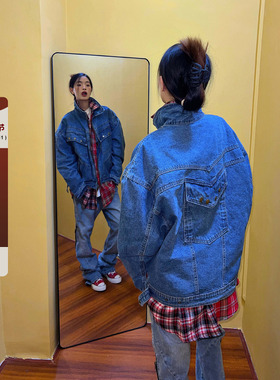 F383 2023AW国潮原创复古水洗不规则拼接牛仔夹克男女宽松外套ins