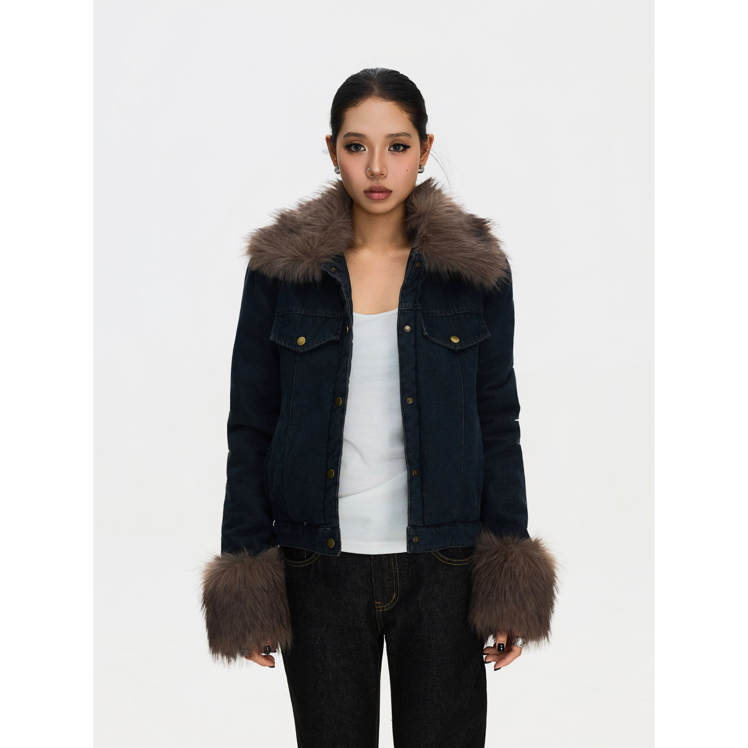 F383毛领翻领拼接撞色牛仔外套