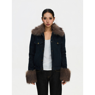 F383 美式复古毛领翻领拼接撞色牛仔外套女保暖百搭休闲宽松上衣