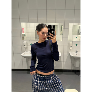 美式 简约短款 复古辣妹修身 T恤女四色打底衫 上衣 显瘦内搭长袖 F383