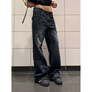 女辣妹宽松垂感显瘦拖地长裤 复古猫须直筒微喇牛仔裤 ins 美式 F383