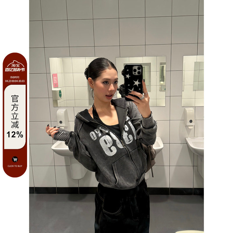 F383 美式复古水洗设计字母印花拉链连帽卫衣女宽松休闲百搭上衣