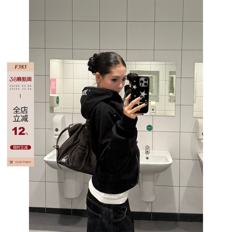 F383 美式复古短款连帽卫衣刺绣设计女秋修身显瘦长袖拉链外套ins