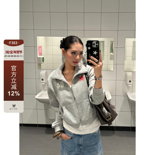 F383 美式复古数字印花立领开衫卫衣男女宽松休闲百搭短款外套ins