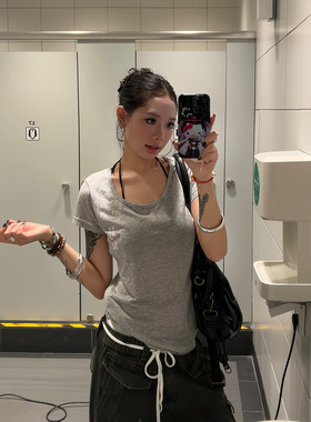 F383 美式复古U型领印花设计基础款短袖夏显瘦百搭修身上衣女ins