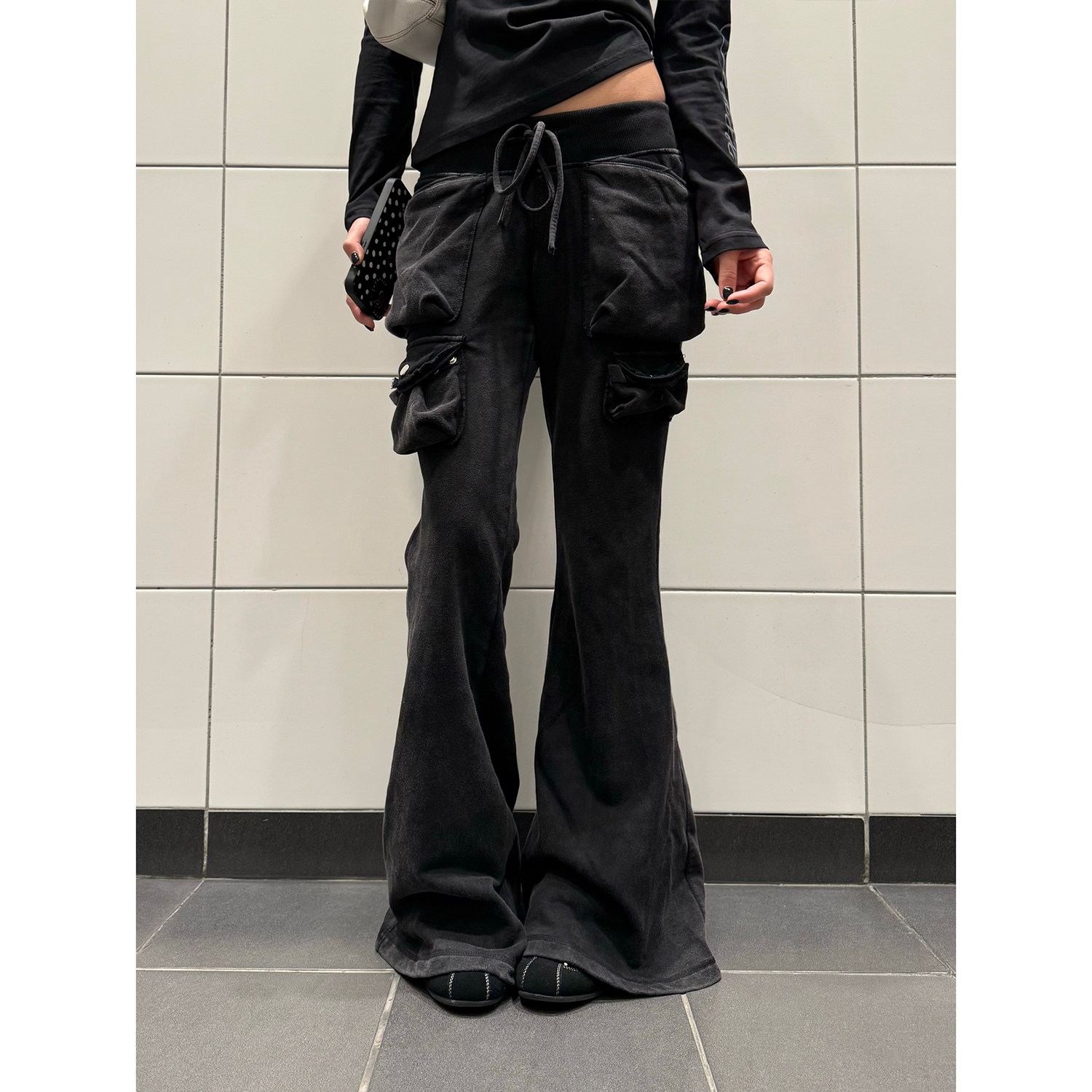 F383 美式复古重工水洗做旧立体口袋抽绳卫裤女休闲百搭微喇长裤