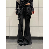 F383 女休闲百搭微喇长裤 美式 复古重工水洗做旧立体口袋抽绳卫裤