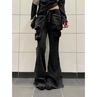 女休闲百搭微喇长裤 复古重工水洗做旧立体口袋抽绳卫裤 美式 F383