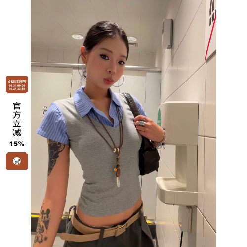 【F383】假两件衬衫拼接短袖