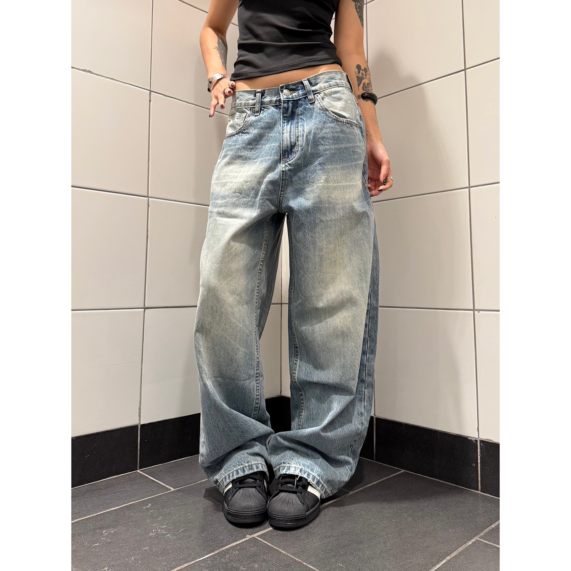 F383 美式复古猫须渐变直筒牛仔裤男女宽松百搭休闲阔腿拖地长裤