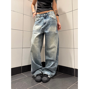 F383 美式复古猫须渐变直筒牛仔裤男女宽松百搭休闲阔腿拖地长裤