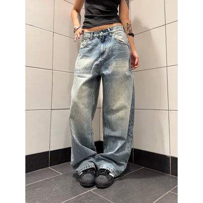 F383猫须渐变直筒牛仔裤