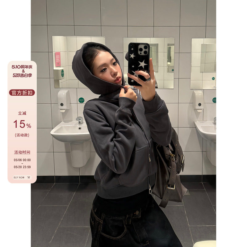 F383 美式复古基础款正肩短款连帽卫衣男女宽松休闲百搭帽衫外套