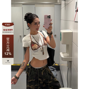 F383 美式豹纹T恤女HelloKitty假两件挂脖短袖设计感辣妹上衣夏潮