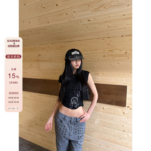 F383辣妹黑色印花短袖T恤