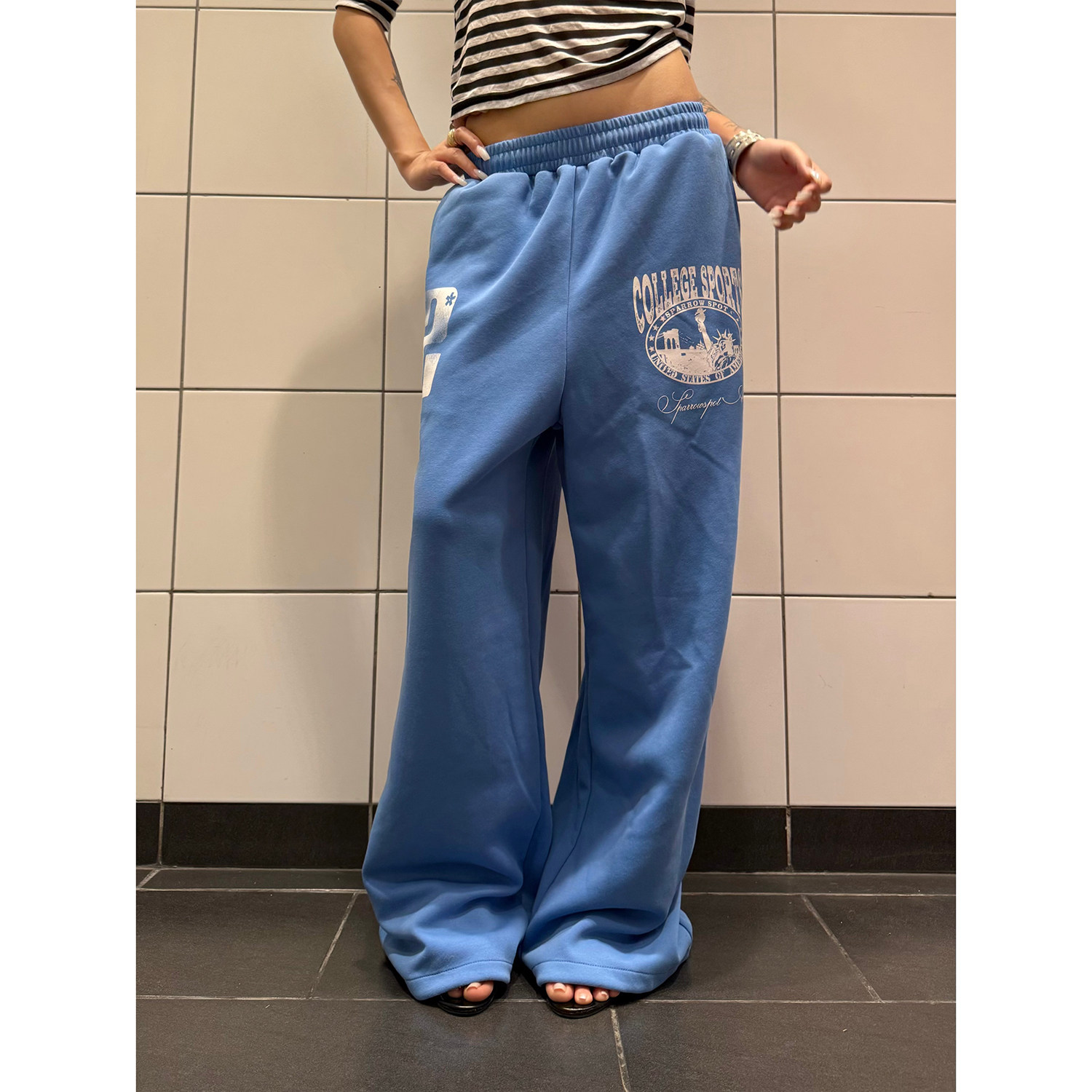 F383 美式复古蓝色印花垂感阔腿卫裤男女宽松休闲百搭拖地长裤ins