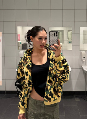 F383 美式复古迷彩印花连帽卫衣开衫男女潮牌宽松休闲街头风外套