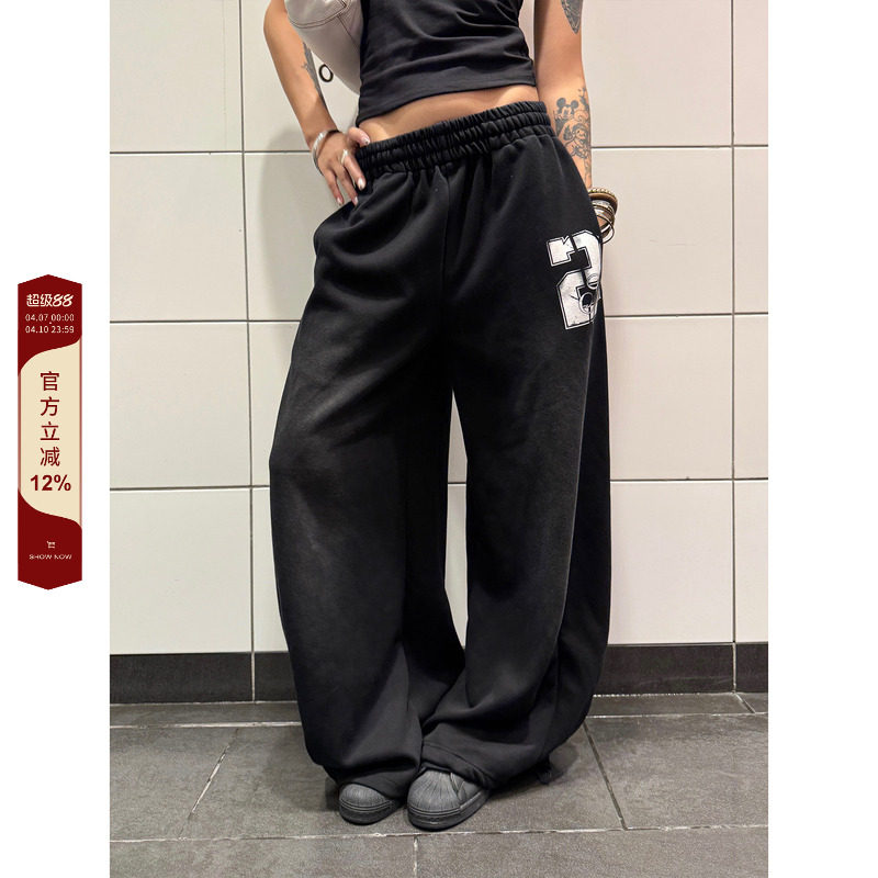 F383 美式复古百搭阔腿裤男女宽松垂感休闲长裤抽绳渐变弯刀卫裤