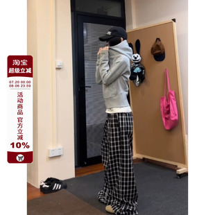 趙露思同款 F383 2024復(fù)古格子休閑褲 寬松慵懶風(fēng)闊腿直筒拖地褲