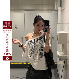 慵懒休闲宽松上衣女ins F383 美式 复古斜肩蝴蝶结印花短袖 T恤夏季