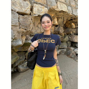 百搭休闲辣妹短袖 F383 T恤夏街头修身 复古做旧字母短款 女 2025美式