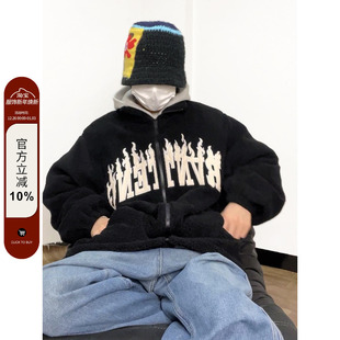 F383 2022AW国潮原创火焰字母立领羊羔毛棉服男女宽松加厚外套ins