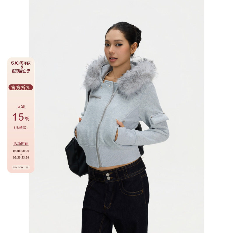 F383 美式复古斜襟毛领棉服加绒外套冬季短款修身连帽开衫卫衣ins