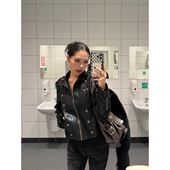 F383 夹克ins 显瘦短款 美式 复古双排扣机车皮衣外套高级感翻领修身