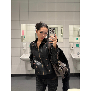 F383 美式复古双排扣机车皮衣外套高级感翻领修身显瘦短款夹克ins