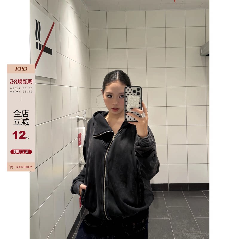 F383 美式复古水洗拉链卫衣做旧宽松连帽cleanfit外套上衣男女ins