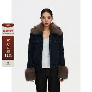 F383 美式复古毛领翻领拼接撞色牛仔外套女保暖百搭休闲宽松上衣