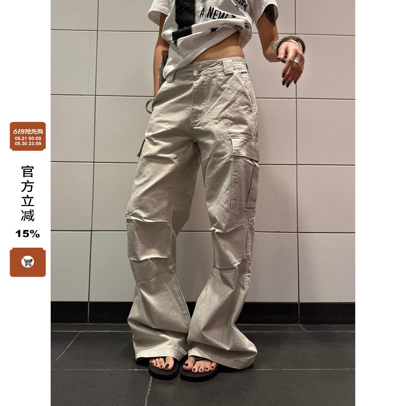 F383 美式复古多口袋工装裤男女同款街头宽松褶皱设计感直筒裤ins