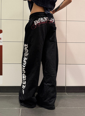 F383 美式复古字母印花设计垂感抽绳休闲裤男女慵懒百搭拖地裤ins