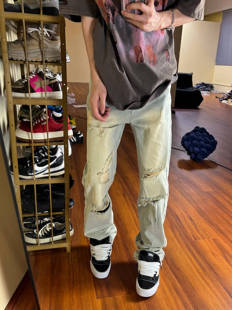 子男女百搭 直筒宽松裤 F383 2023AW国潮原创水洗黄泥染破洞牛仔裤