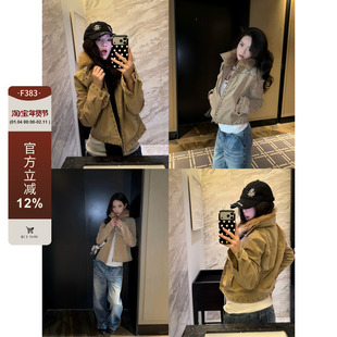 F383 美式复古毛领麂皮绒夹棉铆钉长袖夹克外套女休闲保暖上衣ins