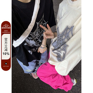 情侣夏季 复古蜘蛛网字母印花短袖 宽松T恤 2023AW国潮原创美式 F383