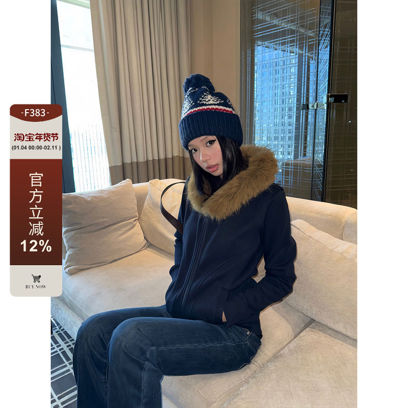 F383 美式复古毛领加绒连帽卫衣辣妹正肩修身收腰拉链保暖短外套