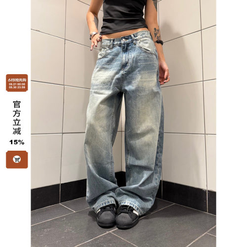 F383猫须渐变直筒牛仔裤