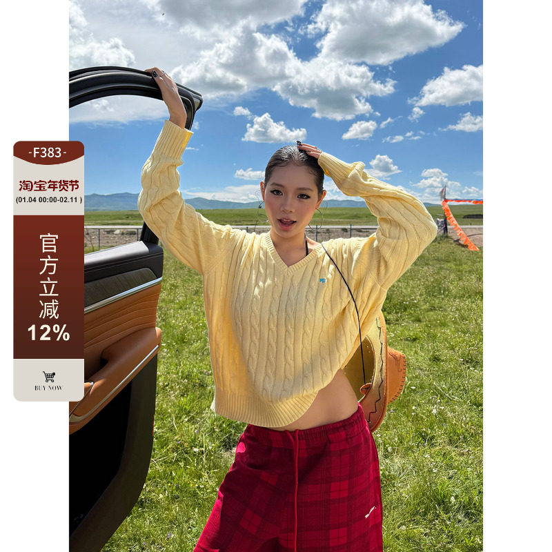 F383 美式复古慵懒麻花针织衫毛衣女春秋宽松休闲软糯套头毛衫ins