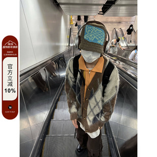 F383 毛衣男女宽松慵懒风外套ins 2022AW国潮原创复古棕色菱格开衫