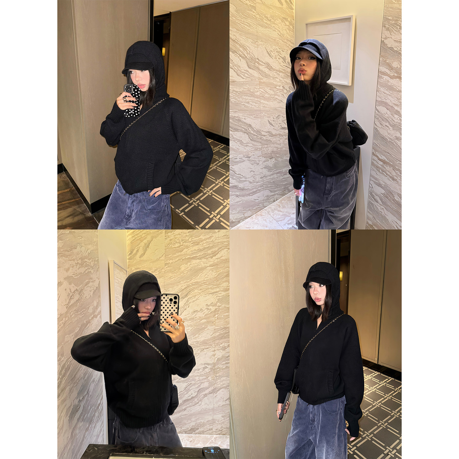 F383 美式复古cleanfit连帽针织衫男女情侣宽松休闲拉链开衫毛衣