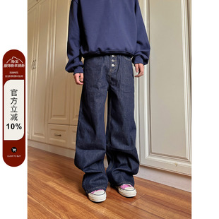 百搭男女直筒宽松长裤 复古丹宁直筒排扣牛仔裤 情侣 原创美式 F383