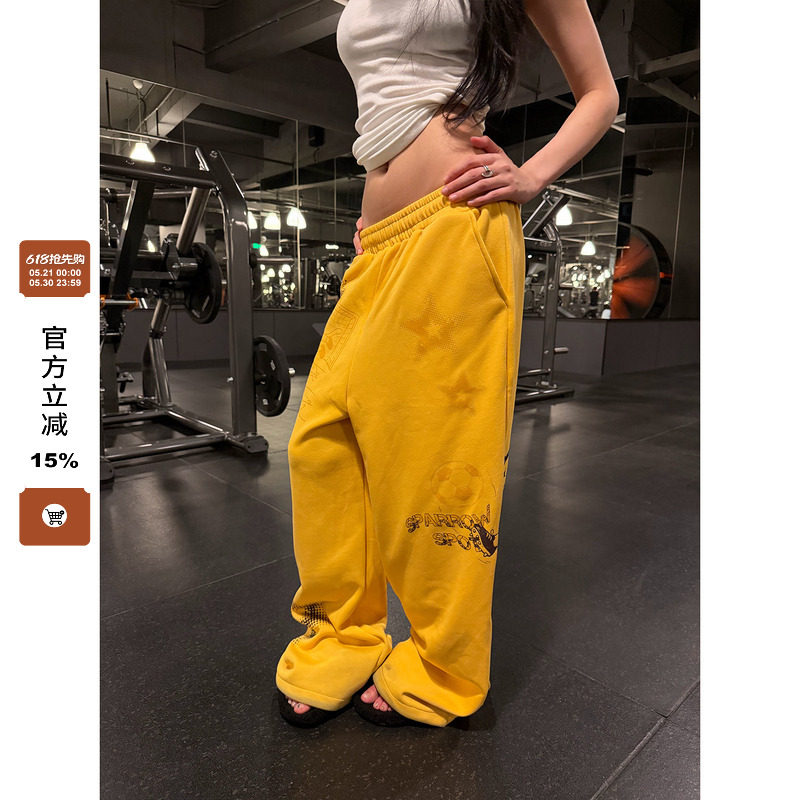 F383 美式复古趣味卡通印花阔腿休闲卫裤男女宽松运动直筒长裤ins