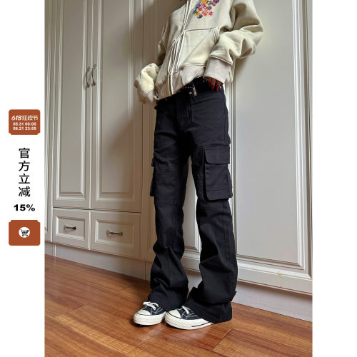 【F383】拉链多口袋牛仔裤