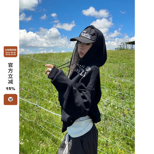F383美式设计感内里格纹连帽卫衣