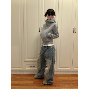 F383 2026灰色短款连帽卫衣女早秋新款修身显瘦长袖美式拉链外套