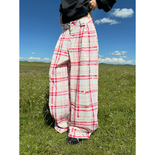 男女宽松简约百搭直筒长裤 复古松弛慵懒条纹阔腿休闲裤 美式 F383